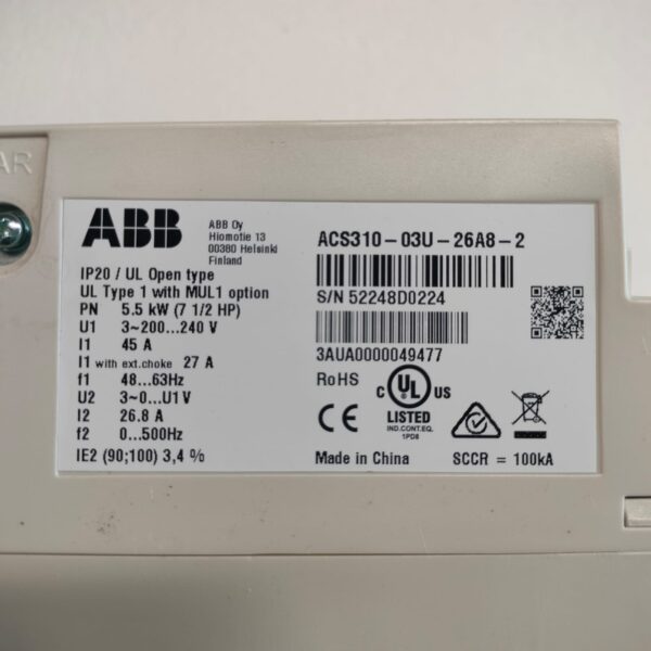 NEW ABB ACS310-03U-26A8-2 5.5KW(7.5HP)/1 PHASE AC DRIVE