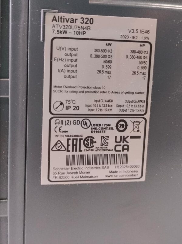 AAB 3 SCHNEIDER ELECTRIC ATV320U75N4B 7.5KW - 10HP 3 PHASE AC DRIVE