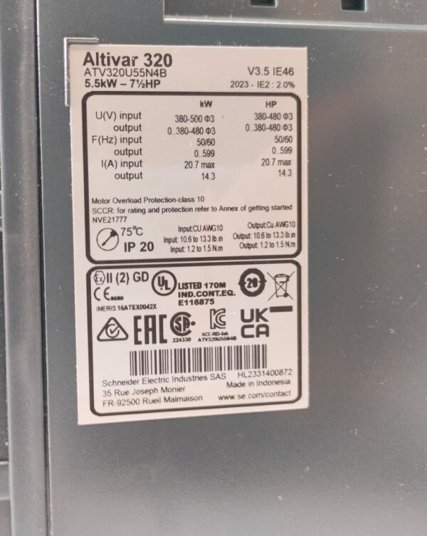 AAC 5 SCHNEIDER ELECTRIC ATV320U55N4B 5.5KW - 7.5HP 3 PHASE AC DRIVE