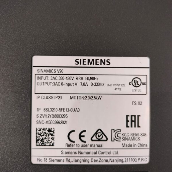 SERVO 3 SIEMENS SINAMICS V90 6SL3210-5FE12-0UA0 2.0/2.5Kw AC SERVO DRIVE